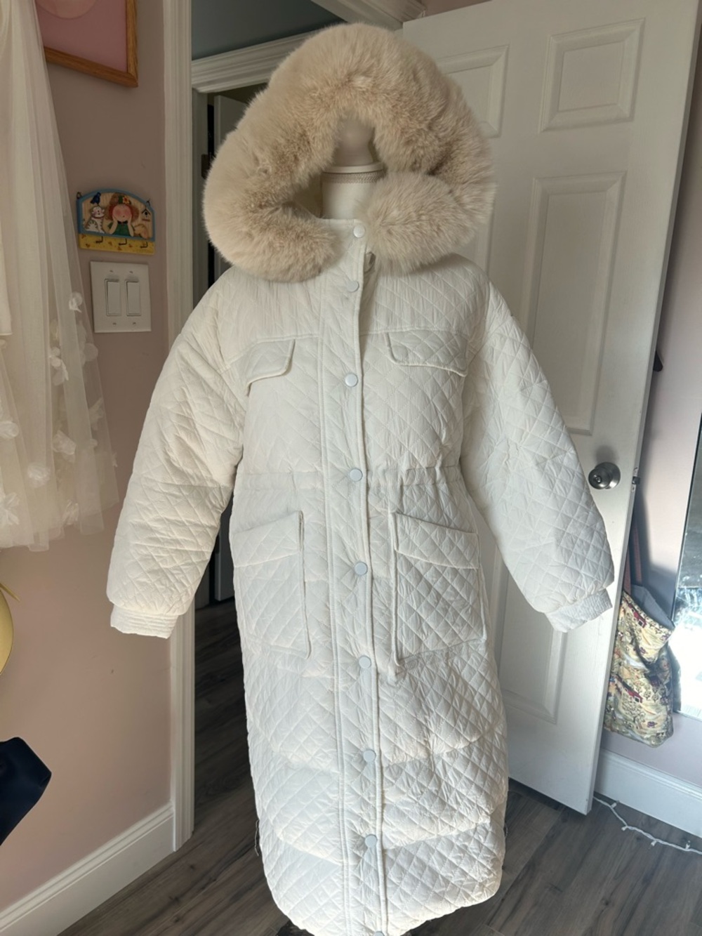 Long Quilted Cream Puffer Coat with Faux Fur Hood